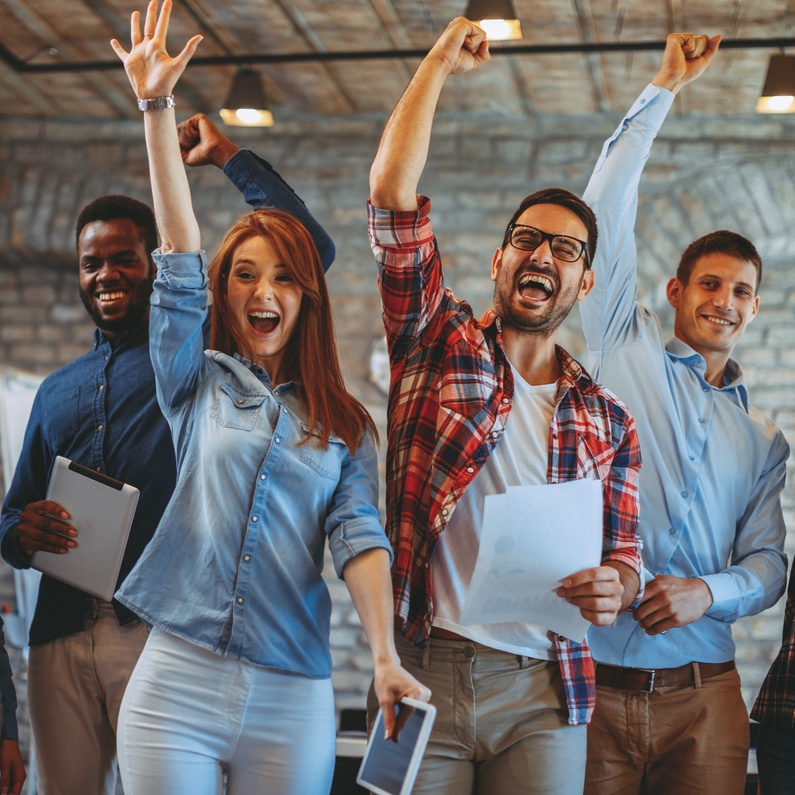 group of people cheering